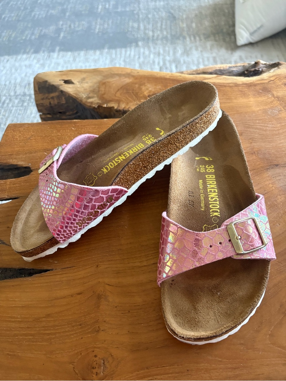 Birkenstock Pink Iridescent Snake-Embossed Single Strap Slides
